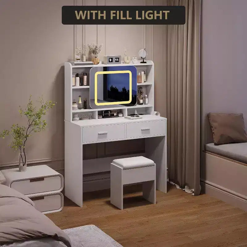 Toeletta con Specchio Scorrevole, Illuminazione Touch, Stazione di Ricarica, 2 Cassetti e Ripiani, Sgabello, Tavolo Trucco per Camera da Letto