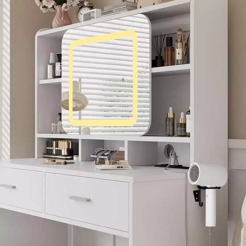 Toeletta con Specchio Scorrevole, Illuminazione Touch, Stazione di Ricarica, 2 Cassetti e Ripiani, Sgabello, Tavolo Trucco per Camera da Letto