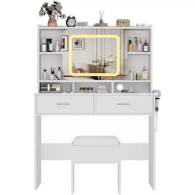 Toeletta con Specchio Scorrevole, Illuminazione Touch, Stazione di Ricarica, 2 Cassetti e Ripiani, Sgabello, Tavolo Trucco per Camera da Letto