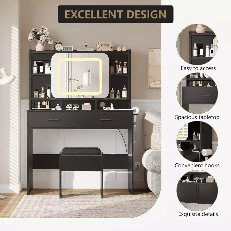 Toeletta con Specchio Scorrevole, Illuminazione Touch, Stazione di Ricarica, 2 Cassetti e Ripiani, Sgabello, Tavolo Trucco per Camera da Letto