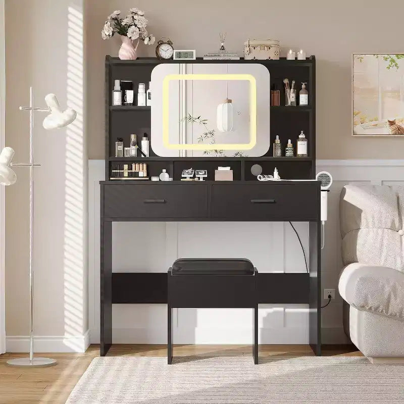 Toeletta con Specchio Scorrevole, Illuminazione Touch, Stazione di Ricarica, 2 Cassetti e Ripiani, Sgabello, Tavolo Trucco per Camera da Letto