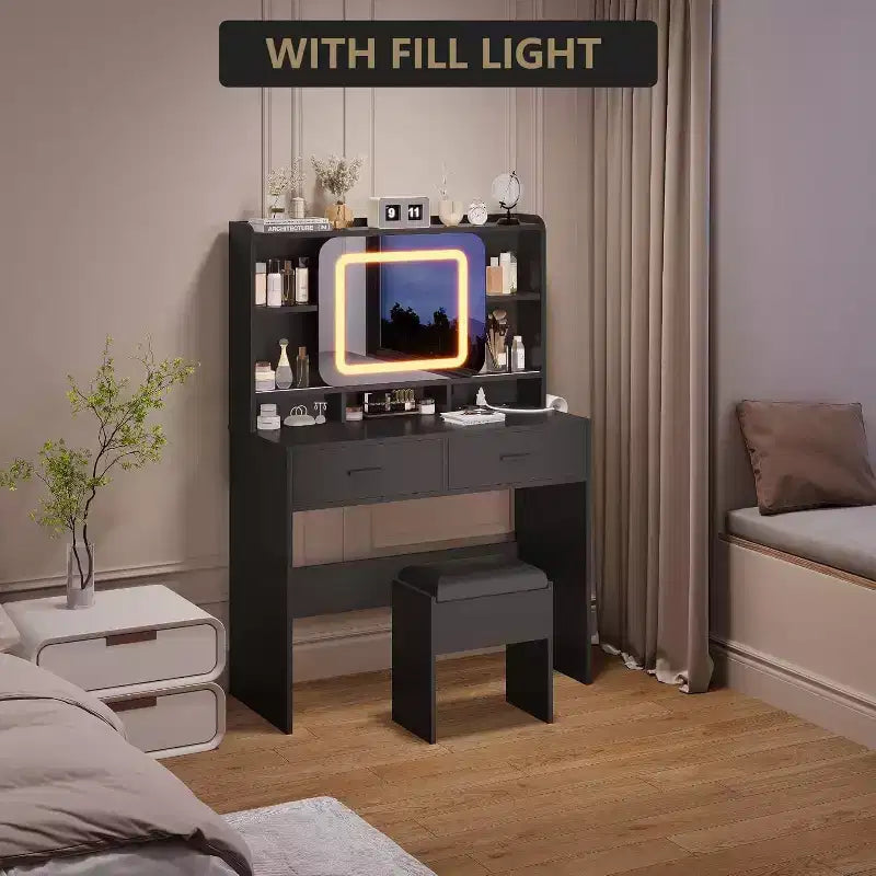 Toeletta con Specchio Scorrevole, Illuminazione Touch, Stazione di Ricarica, 2 Cassetti e Ripiani, Sgabello, Tavolo Trucco per Camera da Letto
