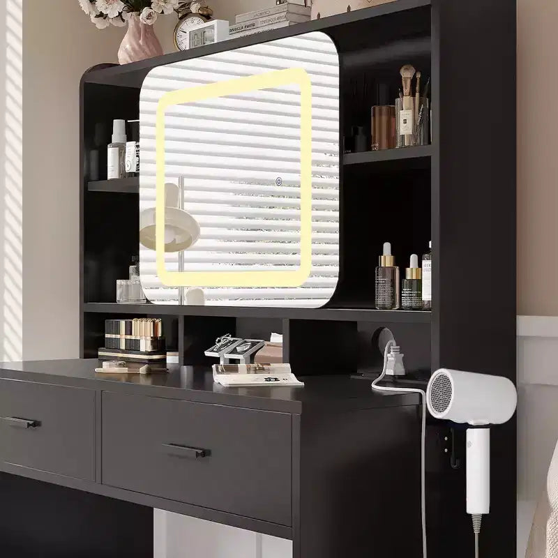 Toeletta con Specchio Scorrevole, Illuminazione Touch, Stazione di Ricarica, 2 Cassetti e Ripiani, Sgabello, Tavolo Trucco per Camera da Letto