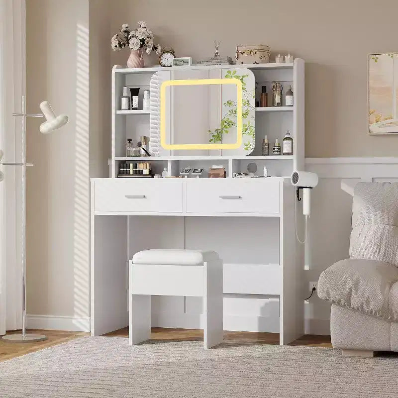 Toeletta con Specchio Scorrevole, Illuminazione Touch, Stazione di Ricarica, 2 Cassetti e Ripiani, Sgabello, Tavolo Trucco per Camera da Letto