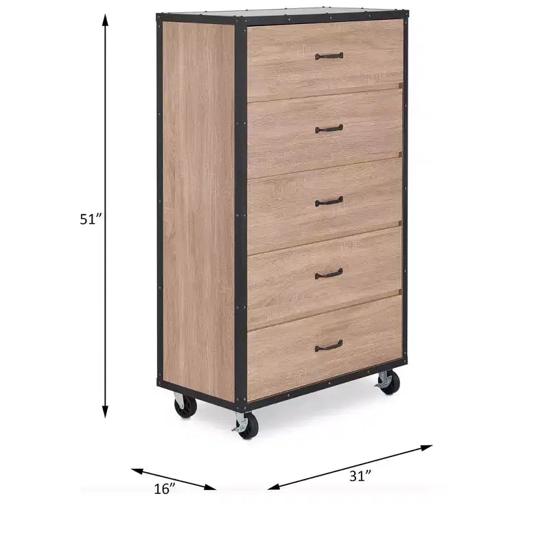 Cassettiera in legno Herty a 5 cassetti con rotelle