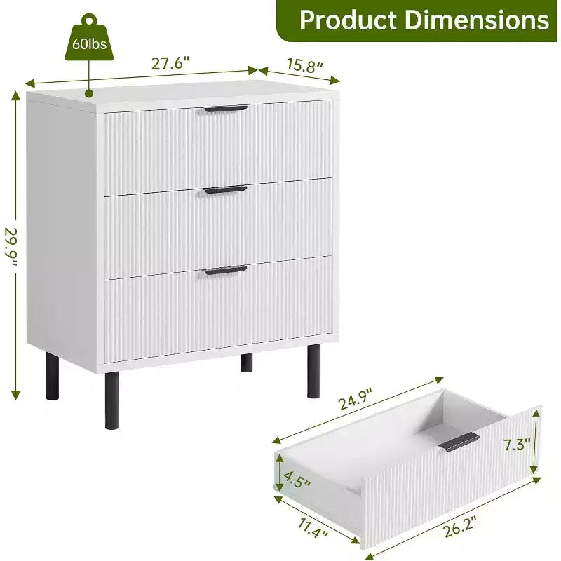 Comò a 3 cassetti scanalato a onda 28 - Sicurezza anti-ribaltamento, cassettiera alta con gambe in metallo per camera da letto e ingresso