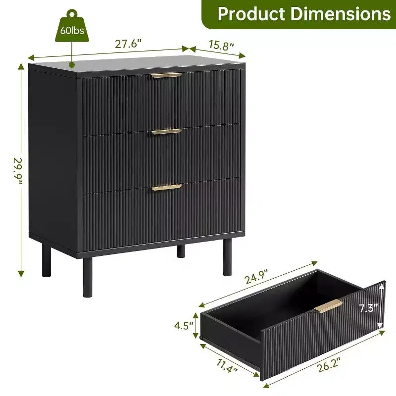 Comò a 3 cassetti scanalato a onda 28 - Sicurezza anti-ribaltamento, cassettiera alta con gambe in metallo per camera da letto e ingresso