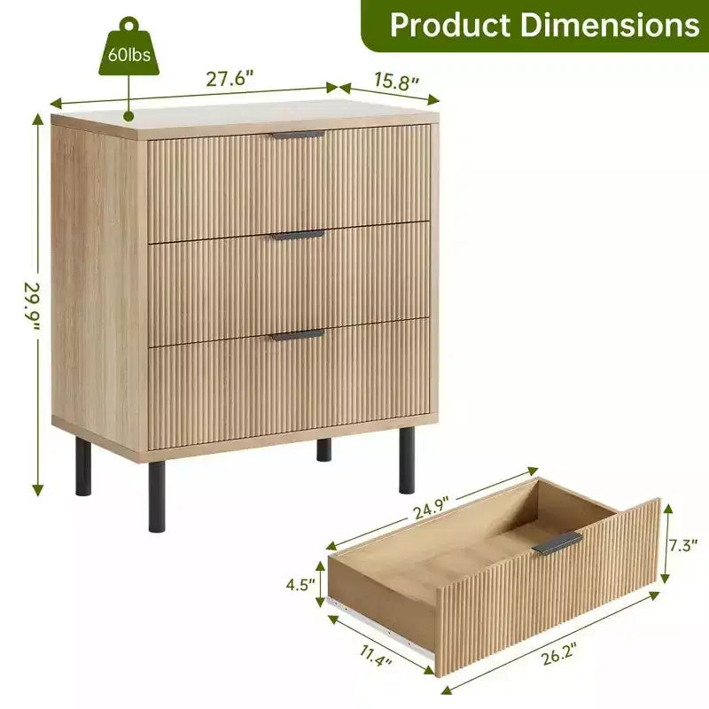 Comò a 3 cassetti scanalato a onda 28 - Sicurezza anti-ribaltamento, cassettiera alta con gambe in metallo per camera da letto e ingresso
