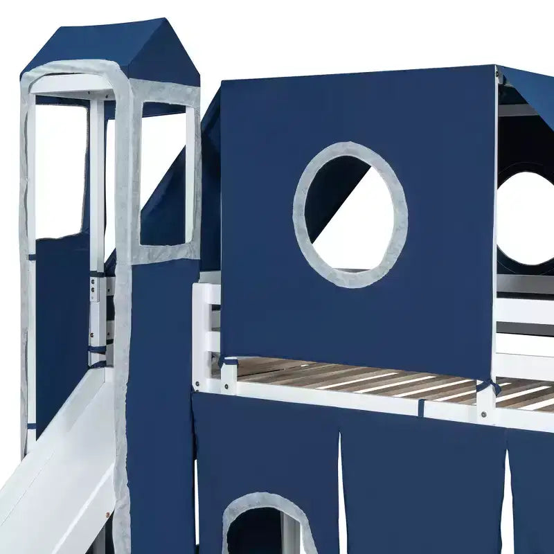 Letto a soppalco da una piazza e mezza/due piazze con scaletta contenitore, tenda e torre, rosa/blu