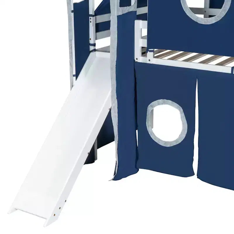 Letto a soppalco da una piazza e mezza/due piazze con scaletta contenitore, tenda e torre, rosa/blu