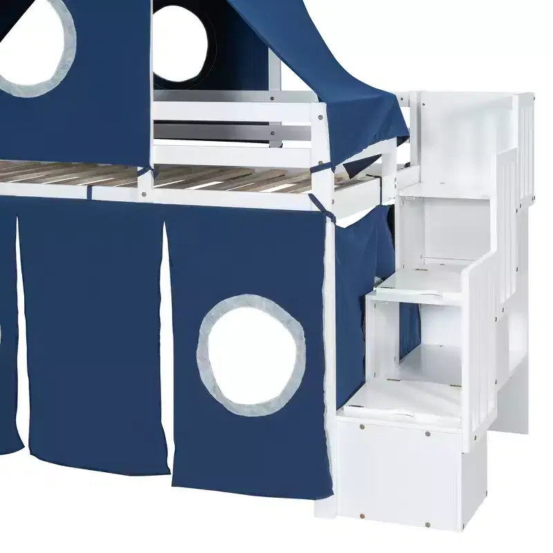 Letto a soppalco da una piazza e mezza/due piazze con scaletta contenitore, tenda e torre, rosa/blu