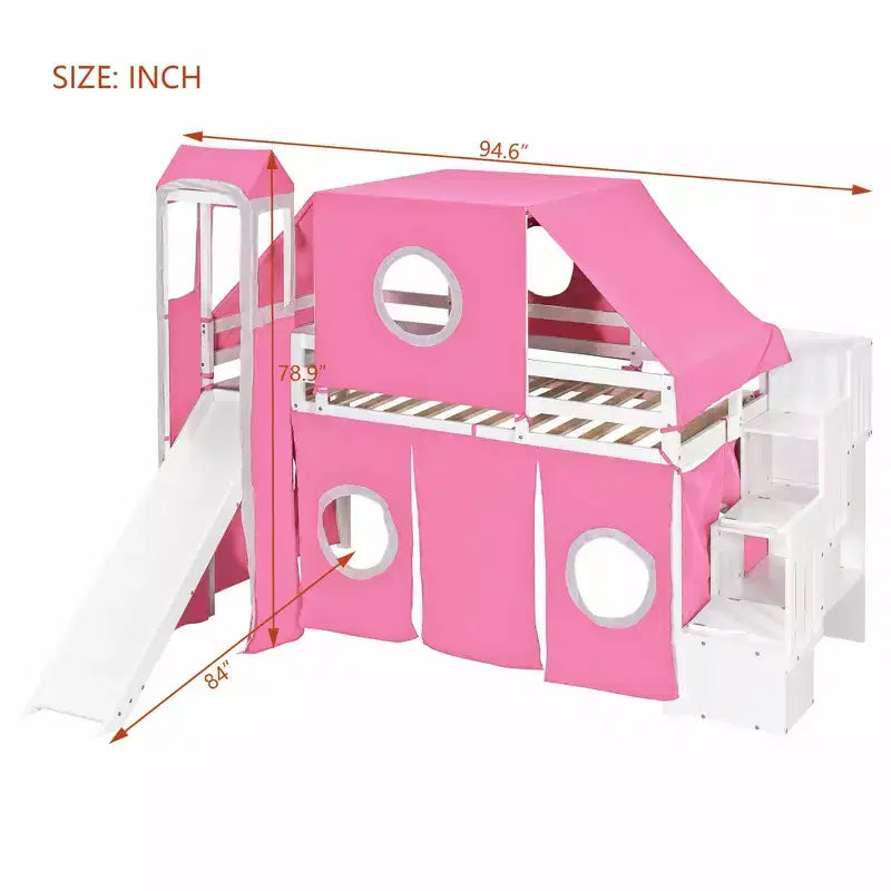 Letto a soppalco da una piazza e mezza/due piazze con scaletta contenitore, tenda e torre, rosa/blu