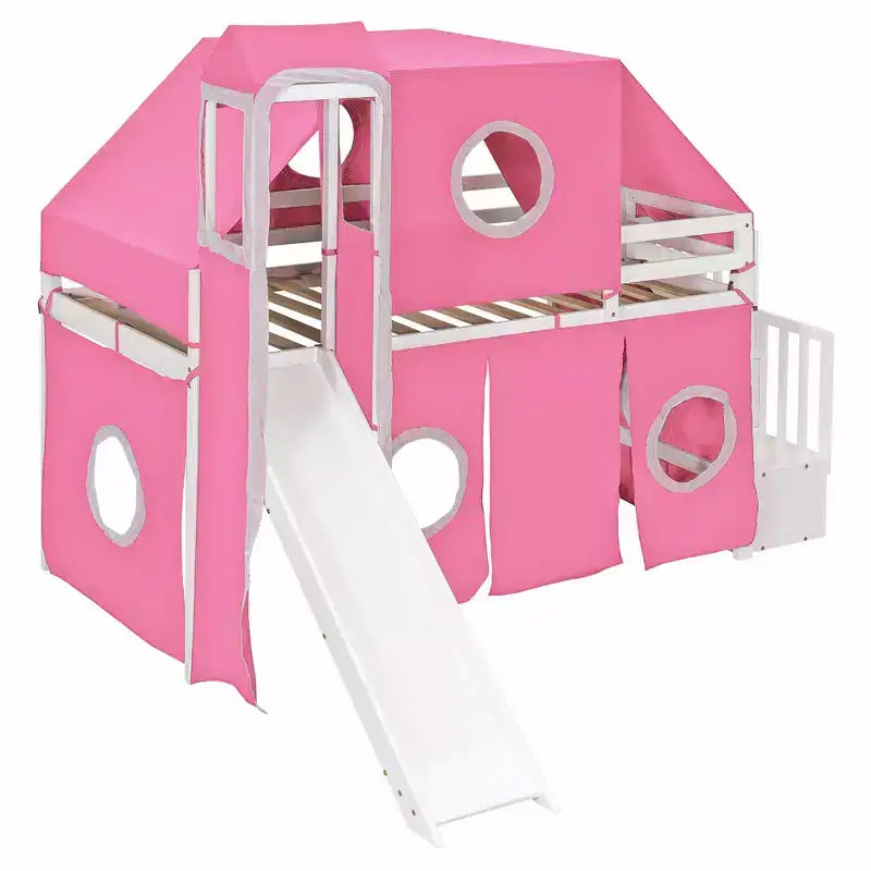 Letto a soppalco da una piazza e mezza/due piazze con scaletta contenitore, tenda e torre, rosa/blu