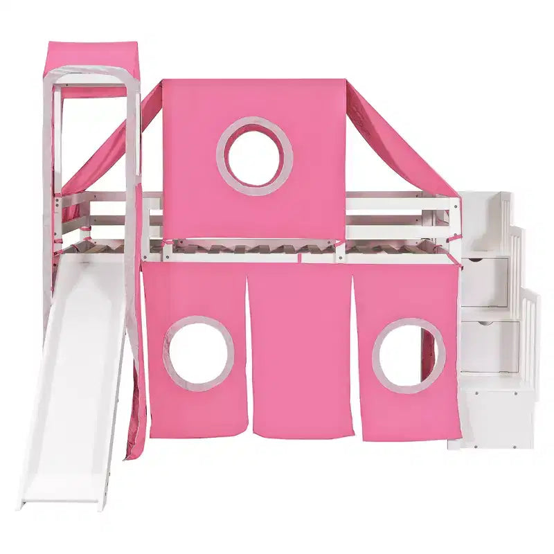 Letto a soppalco da una piazza e mezza/due piazze con scaletta contenitore, tenda e torre, rosa/blu