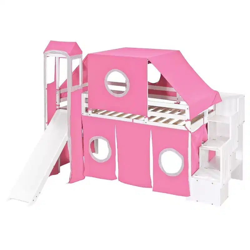 Letto a soppalco da una piazza e mezza/due piazze con scaletta contenitore, tenda e torre, rosa/blu