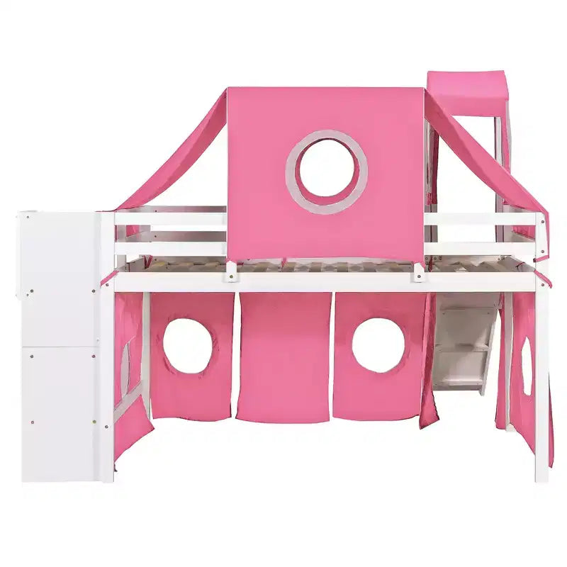 Letto a soppalco da una piazza e mezza/due piazze con scaletta contenitore, tenda e torre, rosa/blu