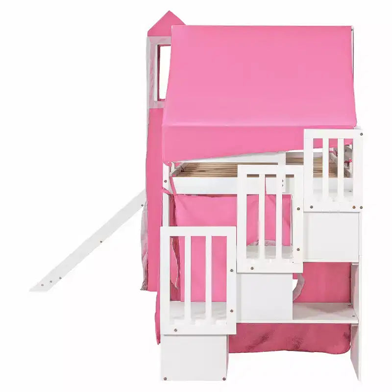 Letto a soppalco da una piazza e mezza/due piazze con scaletta contenitore, tenda e torre, rosa/blu