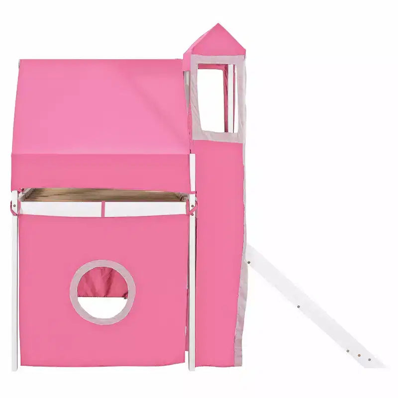 Letto a soppalco da una piazza e mezza/due piazze con scaletta contenitore, tenda e torre, rosa/blu