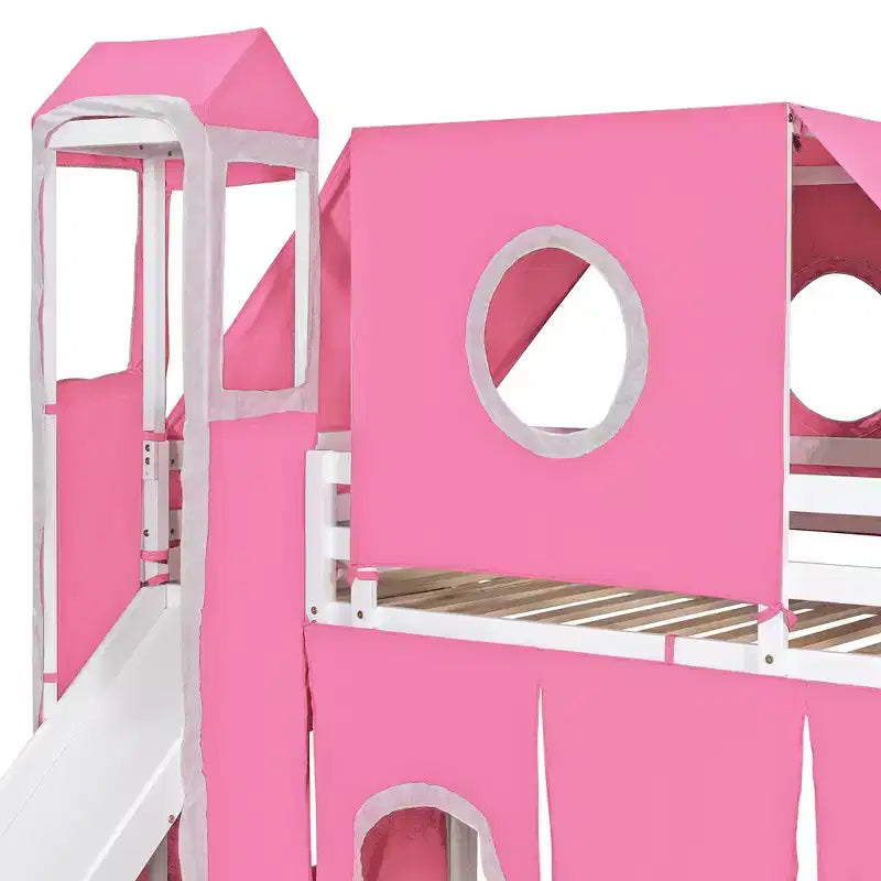 Letto a soppalco da una piazza e mezza/due piazze con scaletta contenitore, tenda e torre, rosa/blu