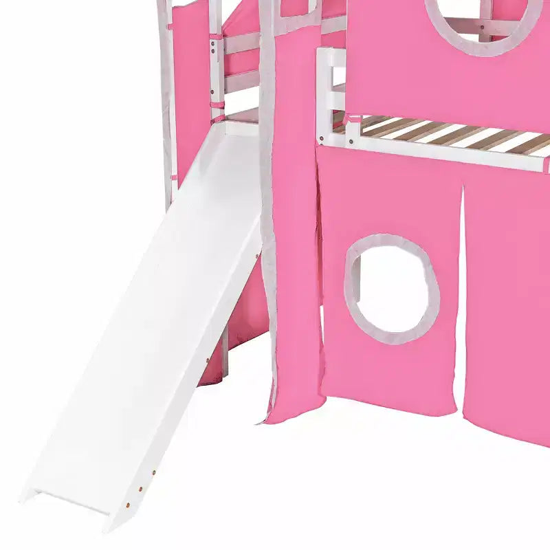 Letto a soppalco da una piazza e mezza/due piazze con scaletta contenitore, tenda e torre, rosa/blu