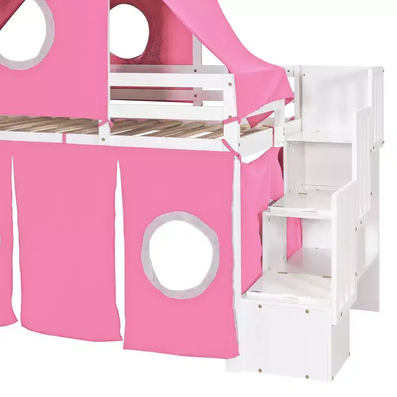 Letto a soppalco da una piazza e mezza/due piazze con scaletta contenitore, tenda e torre, rosa/blu