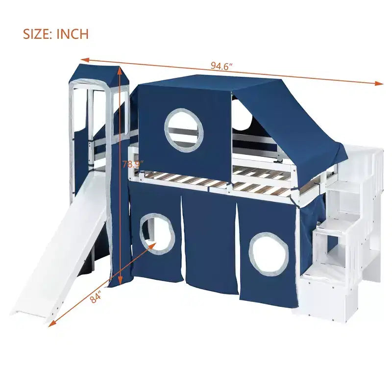 Letto a soppalco da una piazza e mezza/due piazze con scaletta contenitore, tenda e torre, rosa/blu