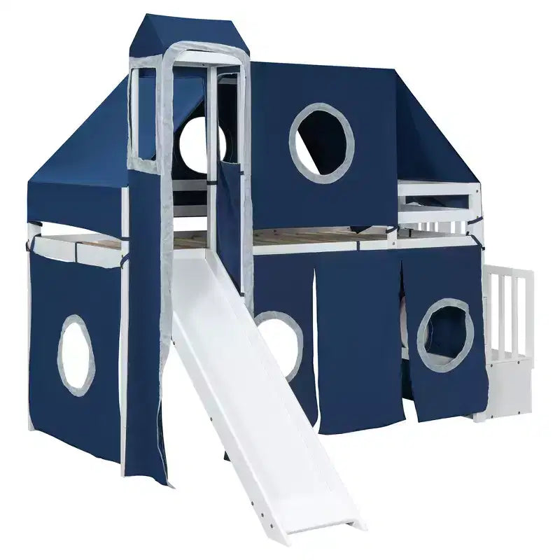 Letto a soppalco da una piazza e mezza/due piazze con scaletta contenitore, tenda e torre, rosa/blu