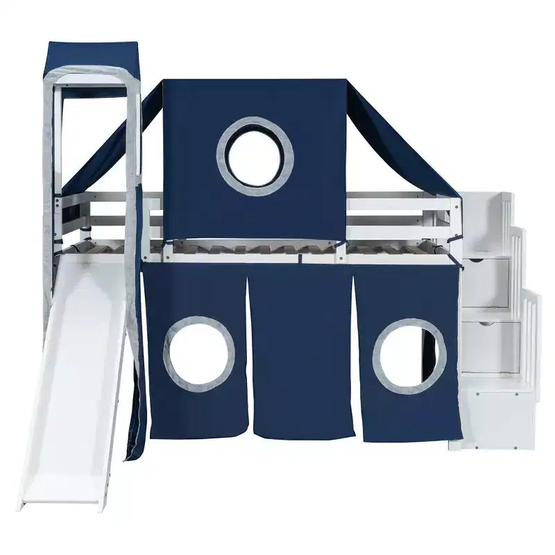 Letto a soppalco da una piazza e mezza/due piazze con scaletta contenitore, tenda e torre, rosa/blu