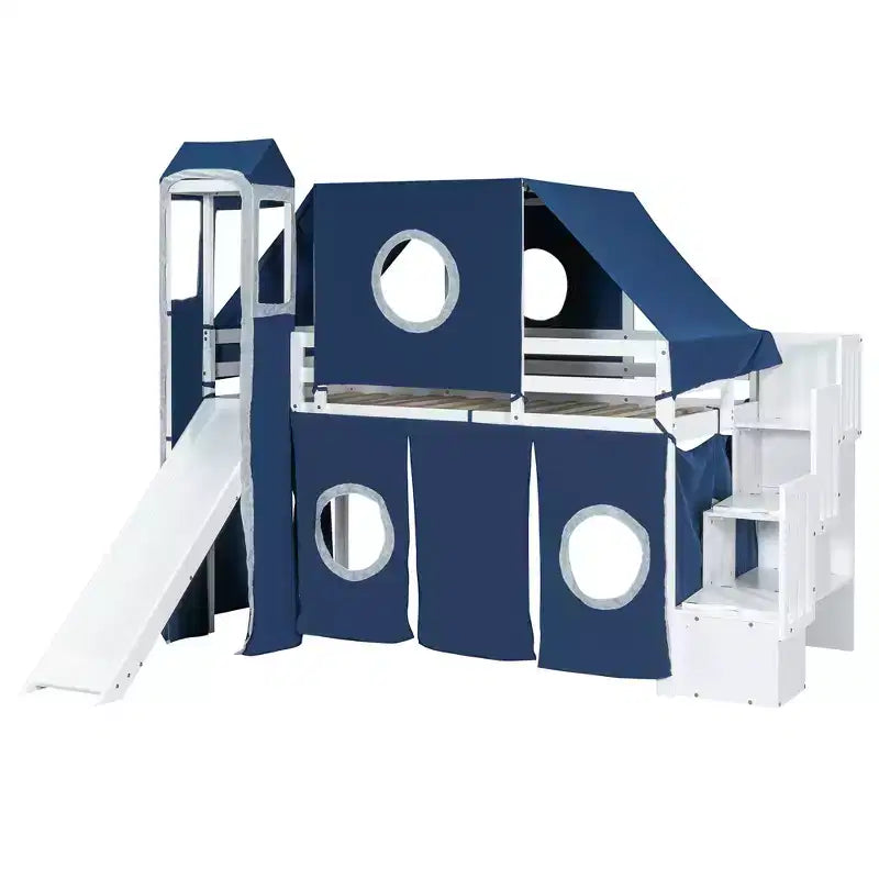 Letto a soppalco da una piazza e mezza/due piazze con scaletta contenitore, tenda e torre, rosa/blu