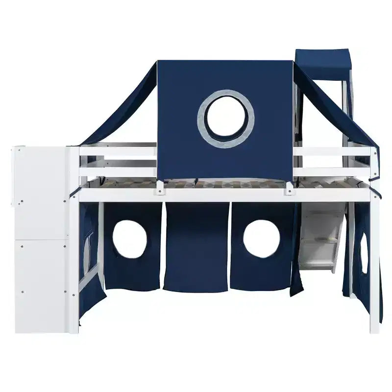 Letto a soppalco da una piazza e mezza/due piazze con scaletta contenitore, tenda e torre, rosa/blu