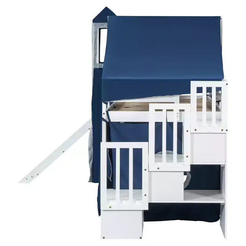 Letto a soppalco da una piazza e mezza/due piazze con scaletta contenitore, tenda e torre, rosa/blu