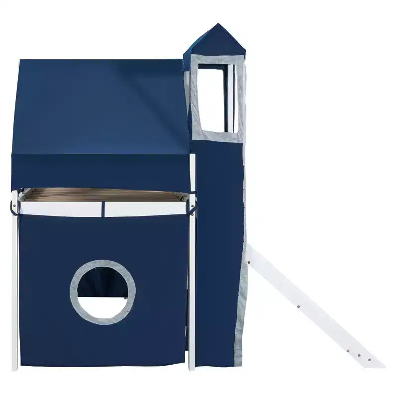 Letto a soppalco da una piazza e mezza/due piazze con scaletta contenitore, tenda e torre, rosa/blu