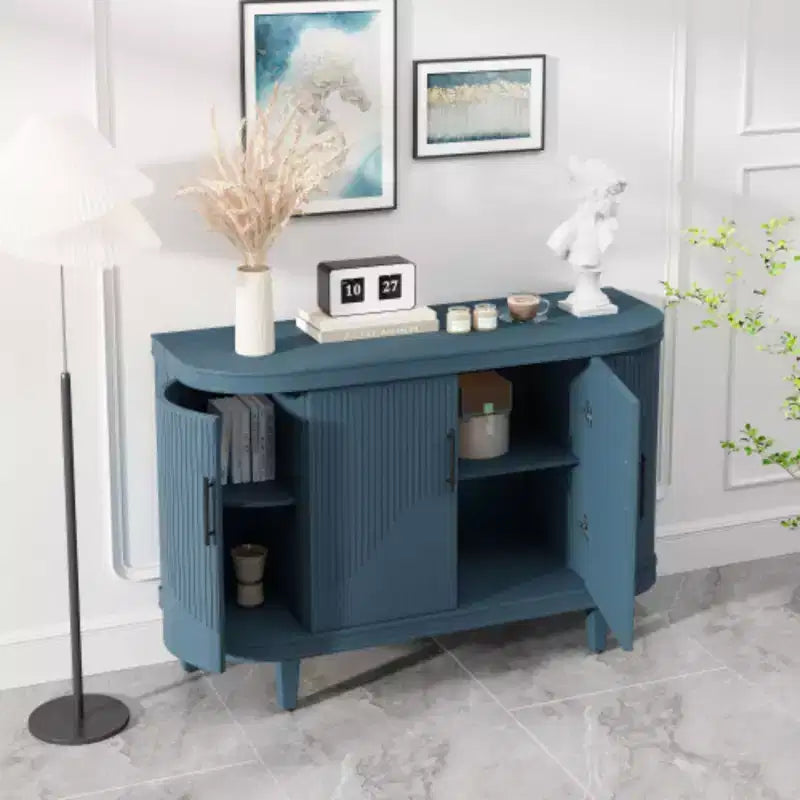 Credenza moderna a forma di arco, mobile contenitore decorativo da 120 cm, tavolino da ingresso in legno con 4 ante e ripiani interni regolabili