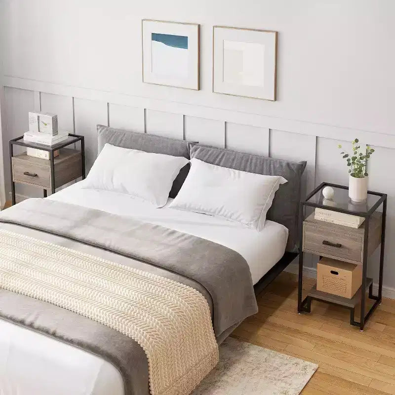 con Cassetto e Ripiani Portaoggetti, Piano in Vetro Temperato e Struttura in Acciaio ideali per Camera da Letto, Dormitorio