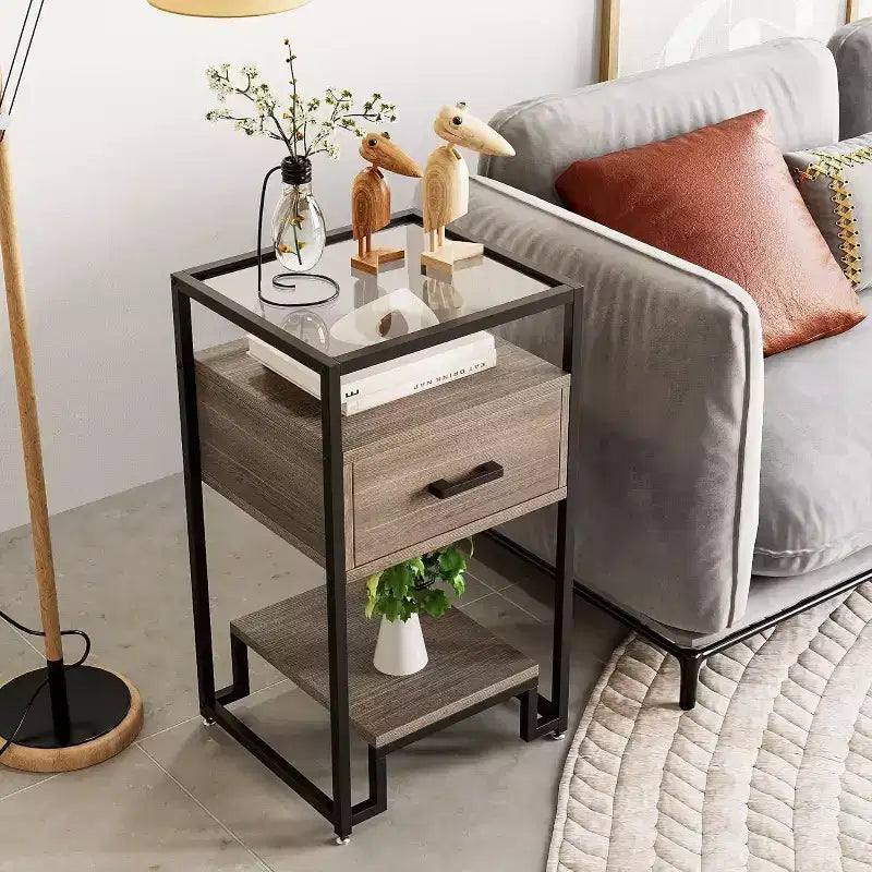 con Cassetto e Ripiani Portaoggetti, Piano in Vetro Temperato e Struttura in Acciaio ideali per Camera da Letto, Dormitorio