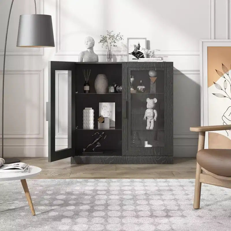 Mobiletto con ante in legno nero, Organizer portaoggetti con ripiani regolabili e ante in vetro per cucina, camera da letto, soggiorno/sala da pranzo
