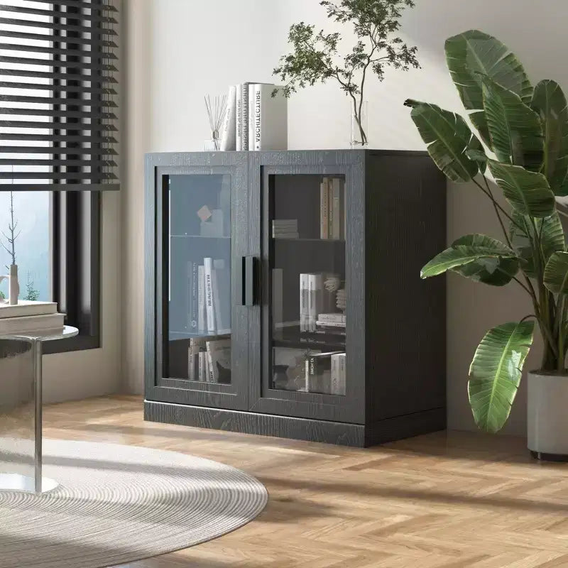 Mobiletto con ante in legno nero, Organizer portaoggetti con ripiani regolabili e ante in vetro per cucina, camera da letto, soggiorno/sala da pranzo