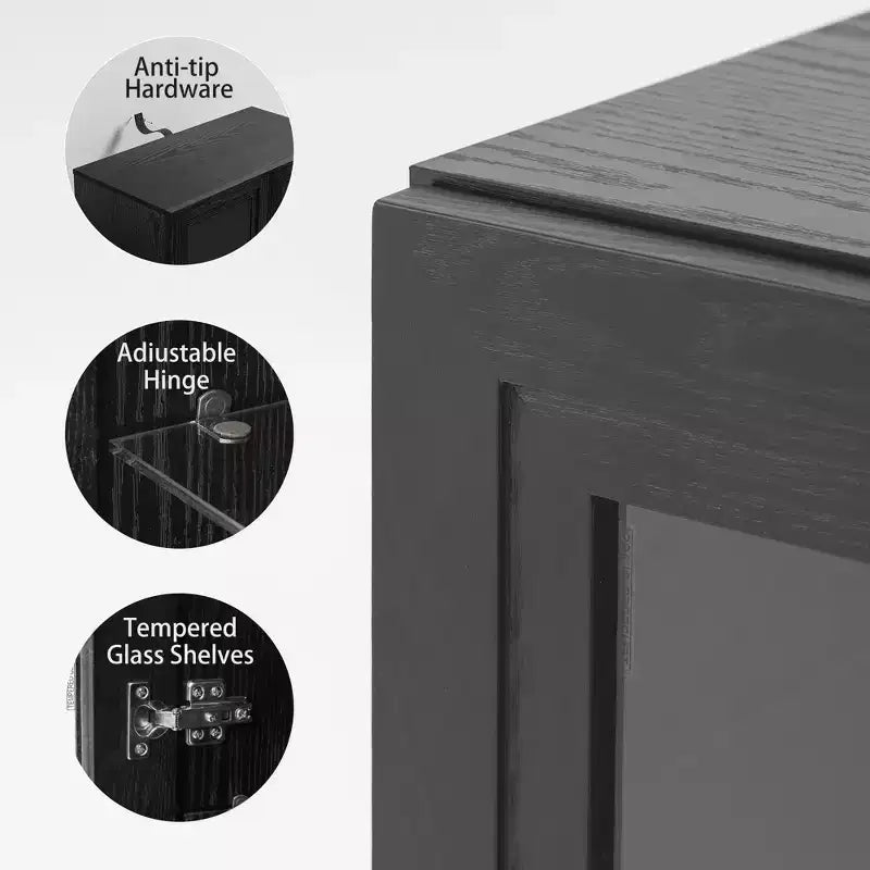 Mobiletto con ante in legno nero, Organizer portaoggetti con ripiani regolabili e ante in vetro per cucina, camera da letto, soggiorno/sala da pranzo