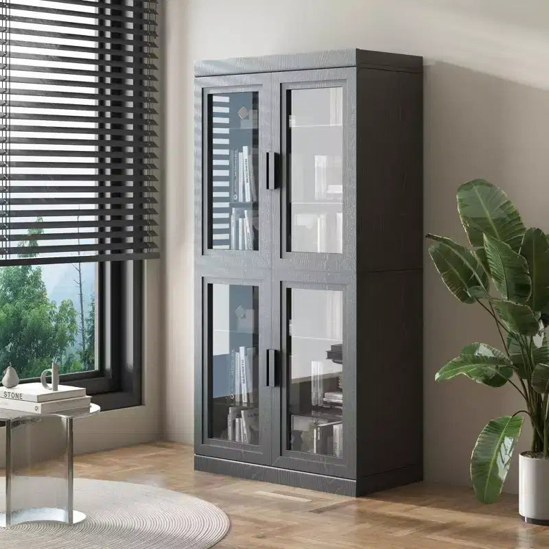 Mobiletto con ante in legno nero, Organizer portaoggetti con ripiani regolabili e ante in vetro per cucina, camera da letto, soggiorno/sala da pranzo