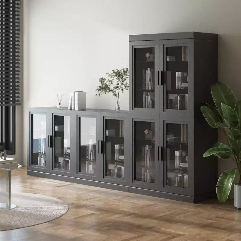 Mobiletto con ante in legno nero, Organizer portaoggetti con ripiani regolabili e ante in vetro per cucina, camera da letto, soggiorno/sala da pranzo