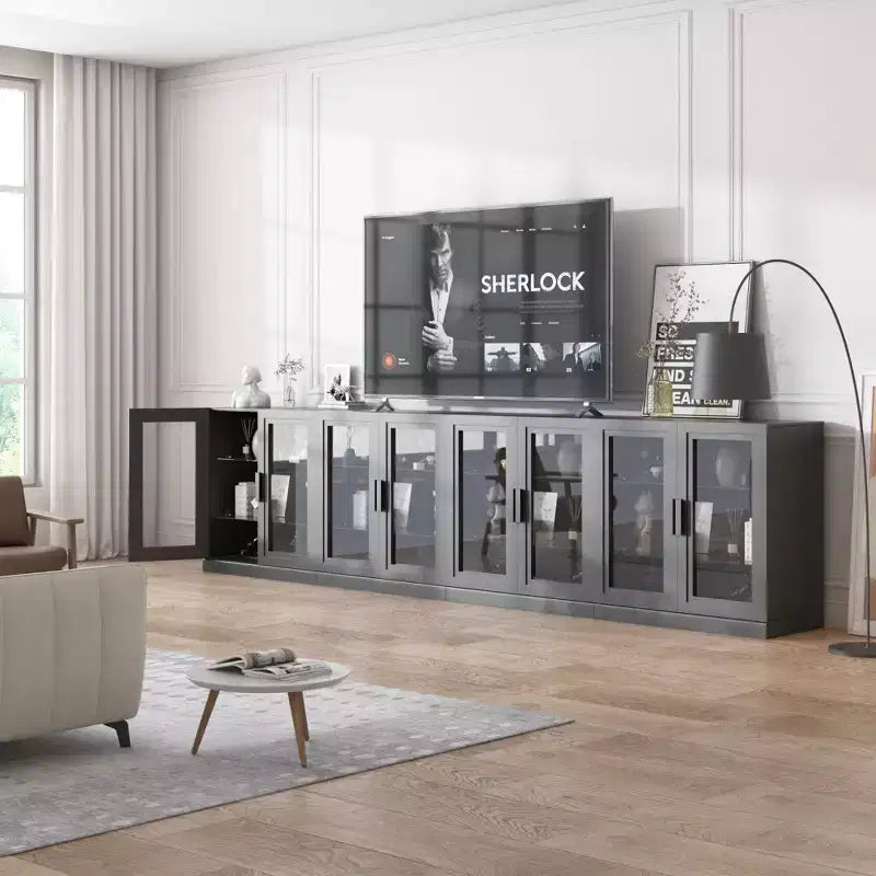 Mobiletto con ante in legno nero, Organizer portaoggetti con ripiani regolabili e ante in vetro per cucina, camera da letto, soggiorno/sala da pranzo