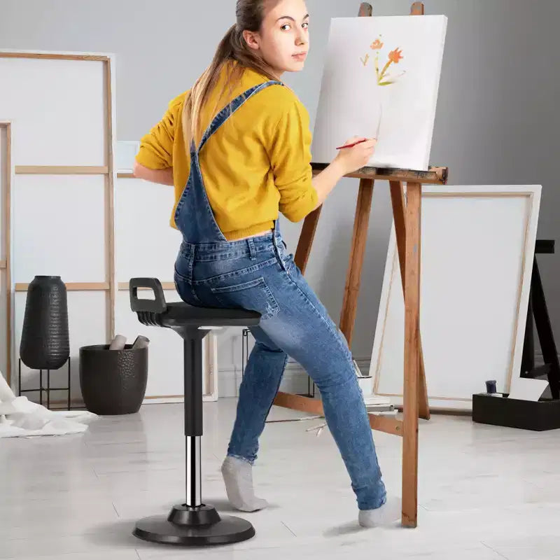 Sedia Attiva con Maniglia, Altezza Regolabile (24,6-34,4), Sgabello Oscillante Realizzato in Tessuto Elastico e Schiuma di 45 mm, Angolo di Inclinazione di 8 Gradi, Età 12-18, Nero