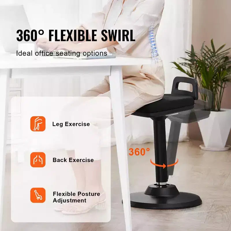 Sedia Attiva con Maniglia, Altezza Regolabile (24,6-34,4), Sgabello Oscillante Realizzato in Tessuto Elastico e Schiuma di 45 mm, Angolo di Inclinazione di 8 Gradi, Età 12-18, Nero
