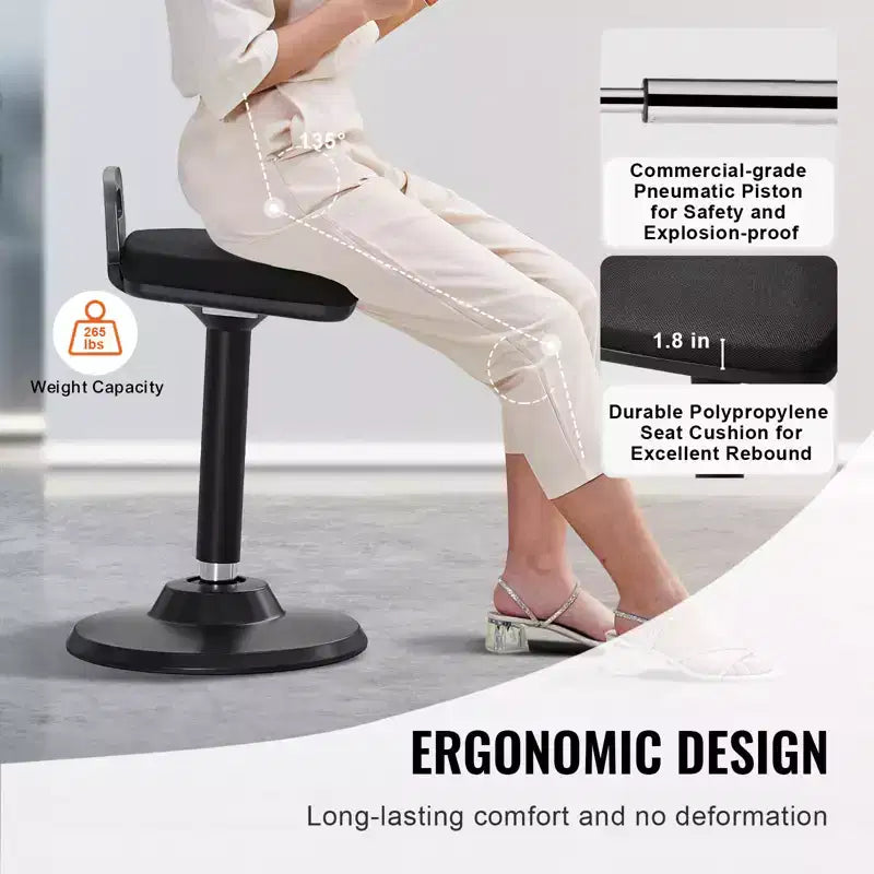 Sedia Attiva con Maniglia, Altezza Regolabile (24,6-34,4), Sgabello Oscillante Realizzato in Tessuto Elastico e Schiuma di 45 mm, Angolo di Inclinazione di 8 Gradi, Età 12-18, Nero