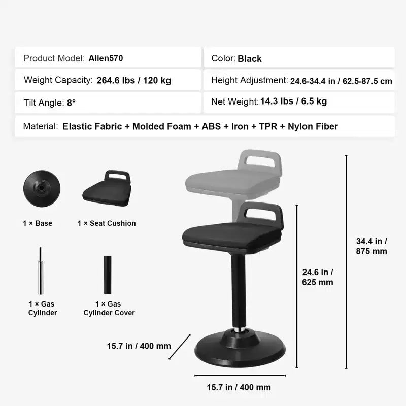 Sedia Attiva con Maniglia, Altezza Regolabile (24,6-34,4), Sgabello Oscillante Realizzato in Tessuto Elastico e Schiuma di 45 mm, Angolo di Inclinazione di 8 Gradi, Età 12-18, Nero