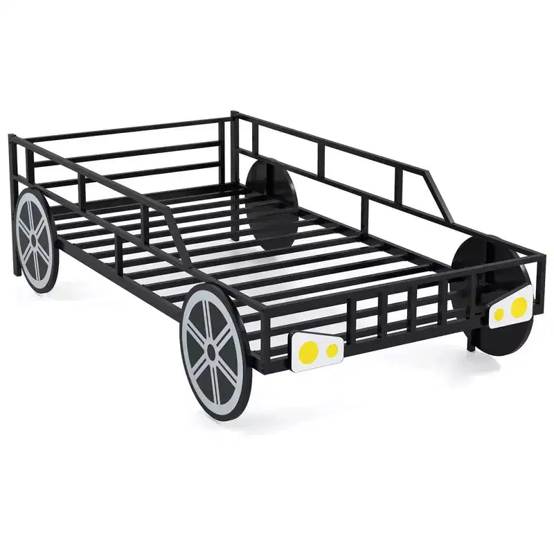 Struttura letto in metallo a forma di auto singola con ruote decorative e sponde di sicurezza