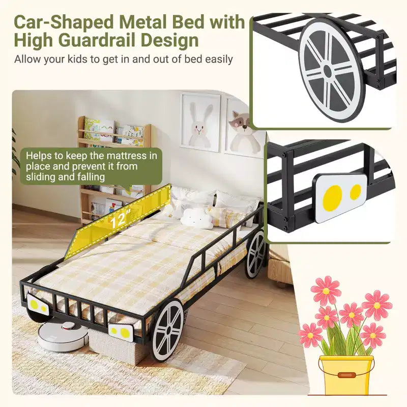 Struttura letto in metallo a forma di auto singola con ruote decorative e sponde di sicurezza