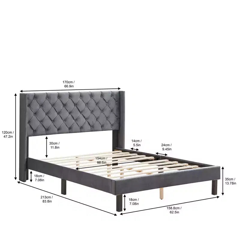 Struttura Letto Matrimoniale con Testiera, Letto a Piattaforma Imbottito in Velluto capitonné con Design ad Ali e Supporto a Doghe in Legno, Grigio