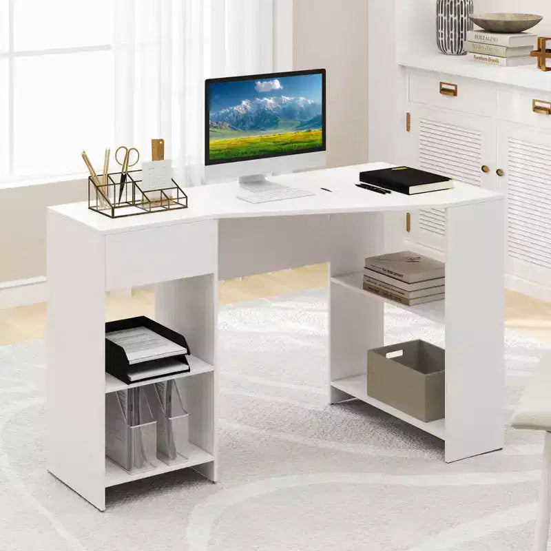Scrivania angolare a L per computer con cassetto e ripiani portaoggetti per ufficio e postazione di lavoro