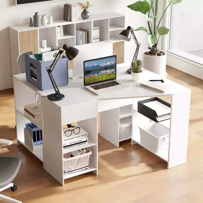 Scrivania angolare a L per computer con cassetto e ripiani portaoggetti per ufficio e postazione di lavoro